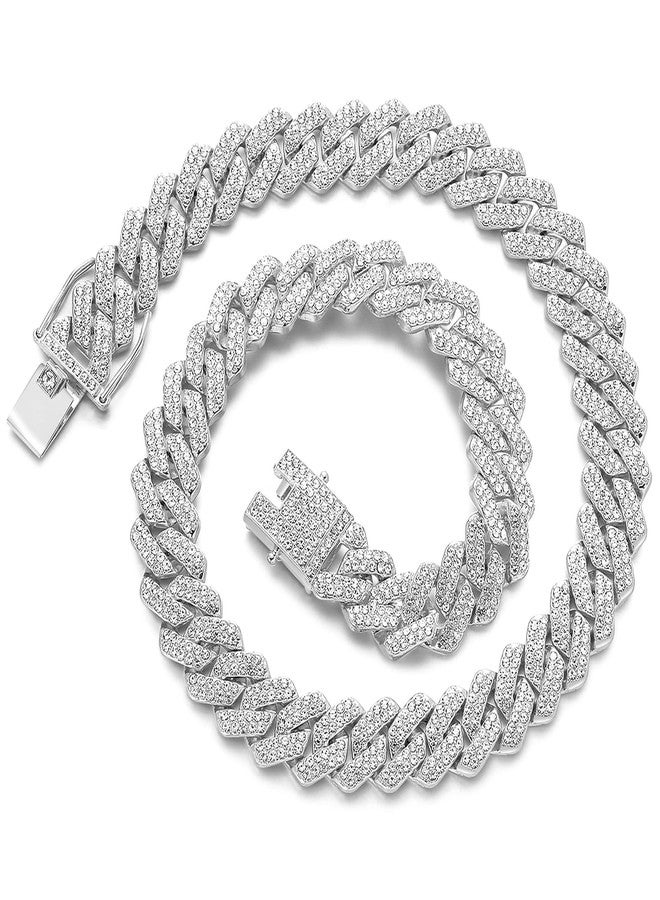 JUNVirtuous Cuban Link Chain Mens Iced Out Miami Cuban Necklace Silver/Gold Bling Diamond Hip Hop Jewelry for Women (18 inch Silver Necklace) - Image 1